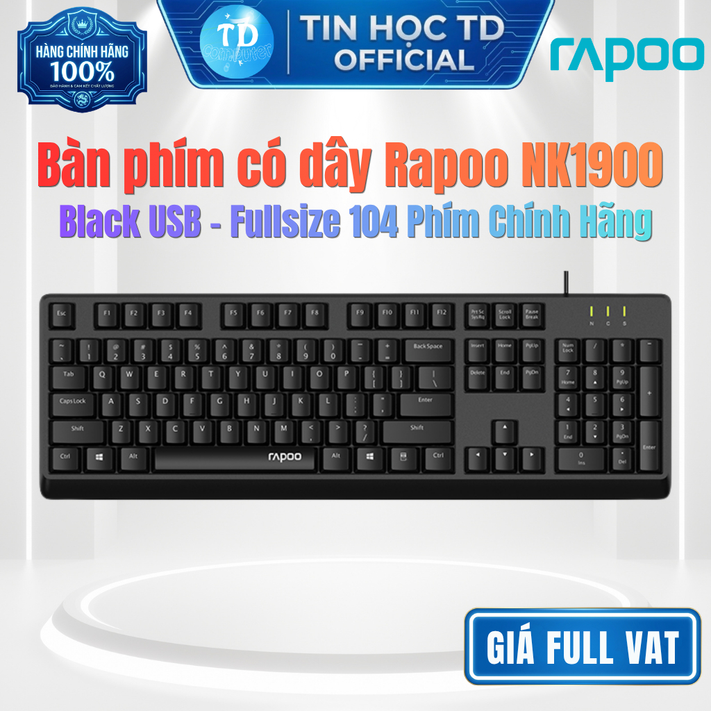 Bàn phím có dây Rapoo NK1900 Black USB – Fullsize 104 Phím - Chính hãng phân phối