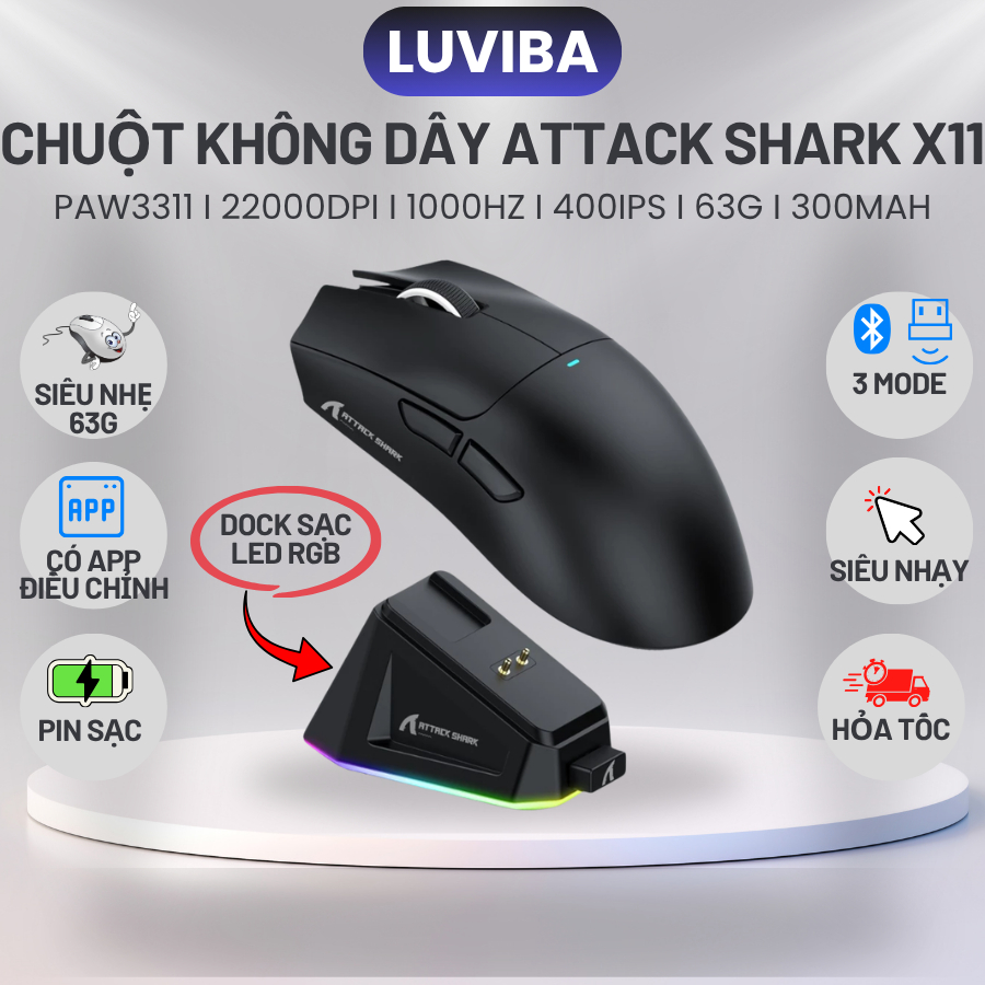 Chuột không dây bluetooth Gaming Attack Shark X11 Chip PRO PAW3311 có dock sạc LED, 22000 DPI