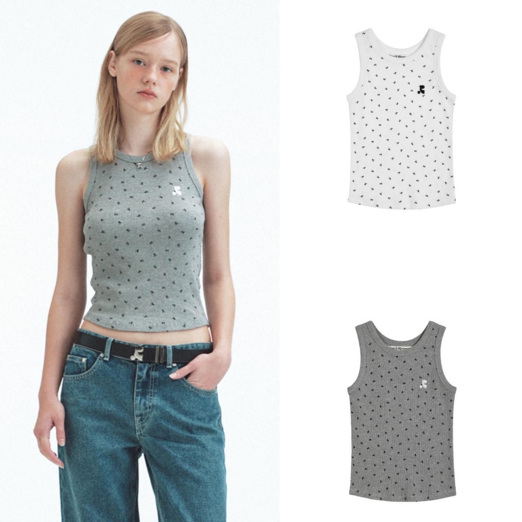 Hàn Quốc thương hiệu nhỏ Rest RR clottyteam Waffle ngắn in đầy đủ thêu I-Shape Vest nữ mùa hè