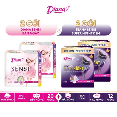 Combo 4 gói BVS  siêu tiết kiệm: 2 gói Diana Sensi SMC 20 miếng + 2 gói Diana Sensi Super Night 29cm 12 miếng