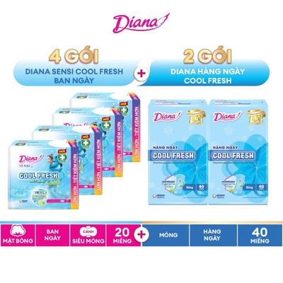 Combo 6 gói BVS siêu tiết kiệm: 4 gói Diana Sensi Cool Fresh 20 miếng + 2 gói Diana Hàng Ngày Sensi Cool Fresh 40 miếng