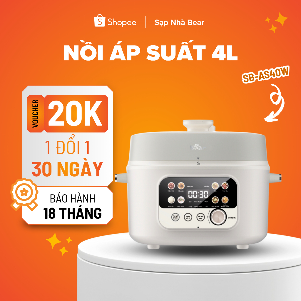 Nồi Áp Suất Bear SB-AS40W 4L 8 Chế Độ Nấu Lòng Nồi Phủ Gốm Chống Dính Bảo Hành Chính Hãng 18 Tháng