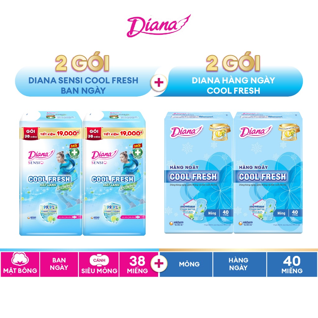 Combo 4 gói BVS siêu tiết kiệm: 2 gói Diana Sensi Cool Fresh 38 miếng + 2 gói Diana Hàng Ngày Sensi 