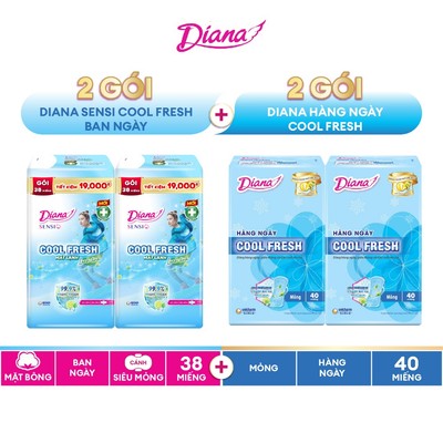 Combo 4 gói BVS siêu tiết kiệm: 2 gói Diana Sensi Cool Fresh 38 miếng + 2 gói Diana Hàng Ngày Sensi Cool Fresh 40 miếng
