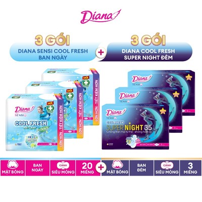 Combo 6 gói BVS siêu tiết kiệm: 3 gói Diana Sensi Cool Fresh SMC 20M + 3 gói Diana Sensi Cool Fresh Super Night 35cm 3M