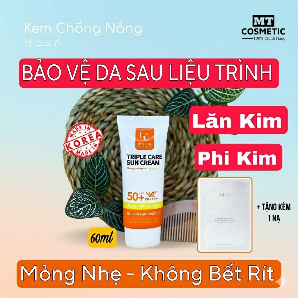 Kem chống nắng WSKIN CHÍNH HÃNG TRIPLE CARE SUN CREAM SPF50+/PA++++ 60ml mỏng nhẹ, không bết rít và 