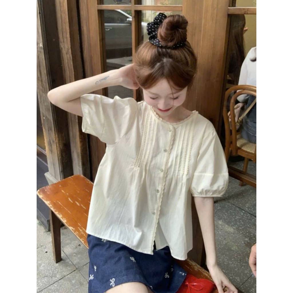 Áo sơ mi nữ YUMMY tay phồng form babydoll tiểu thư, Áo kiểu trắng phối bèo nhẹ nhàng basic - A12 | BigBuy360 - bigbuy360.vn