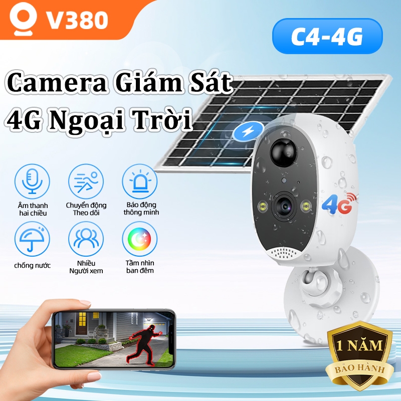 [V380] Camera giám sát năng lượng mặt trời, camera ngoài trời, chống nước, kết nối 4G (bao gồm thẻ S