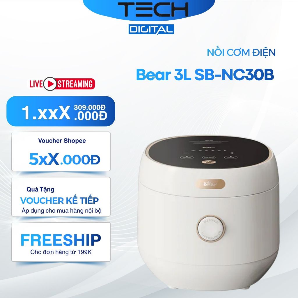 Nồi Cơm Điện Tử Đa Năng Bear SB-NC30B, Nấu Cháo, Hâm Nóng, Làm Bánh, Bản Tiếng Việt_Bảo hành 18 thán