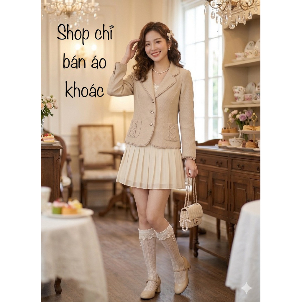 Áo khoác vest 2hand Nhật Axes Femme be xám ren thu đông