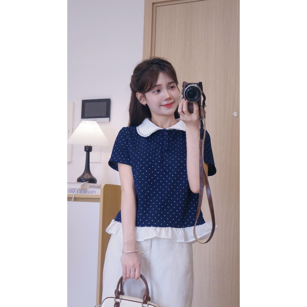 Áo Polo Nữ Chấm Bi Phối Viền Bèo, Cổ Sen - Sang trọng Thanh Lịch ( M25 ) | BigBuy360 - bigbuy360.vn