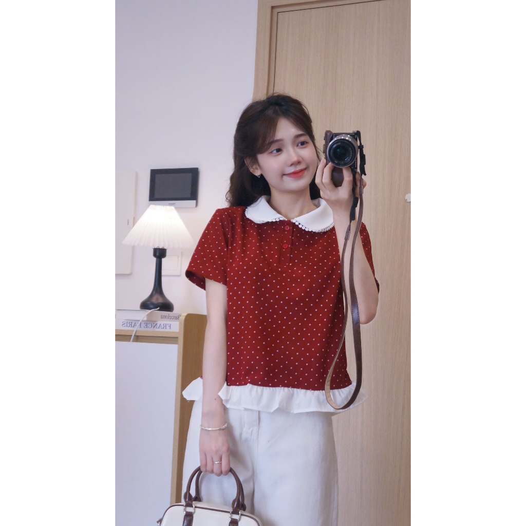 Áo Polo Nữ Chấm Bi Phối Viền Bèo, Cổ Sen - Sang trọng Thanh Lịch ( M25 ) | BigBuy360 - bigbuy360.vn