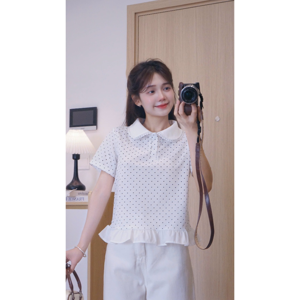Áo Polo Nữ Chấm Bi Phối Viền Bèo, Cổ Sen - Sang trọng Thanh Lịch ( M25 ) | BigBuy360 - bigbuy360.vn