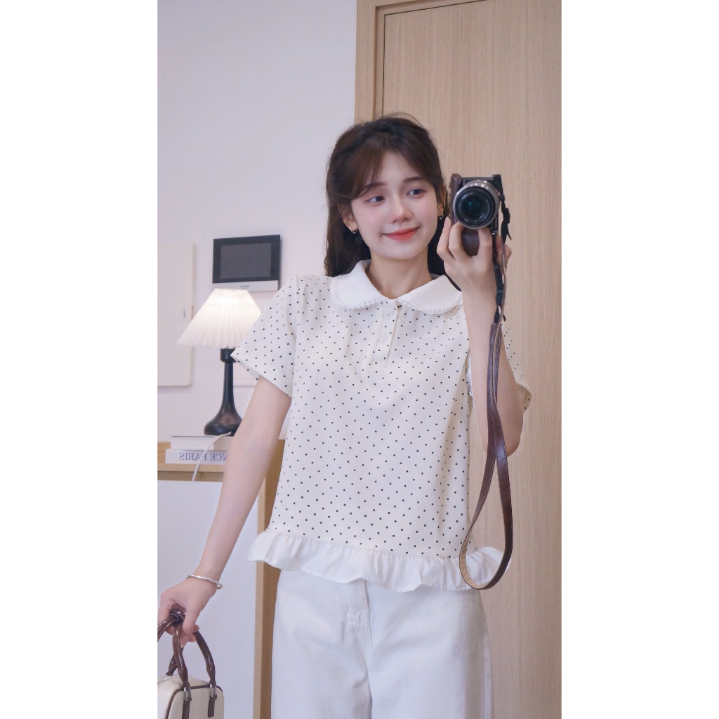 Áo Polo Nữ Chấm Bi Phối Viền Bèo, Cổ Sen - Sang trọng Thanh Lịch ( M25 ) | BigBuy360 - bigbuy360.vn