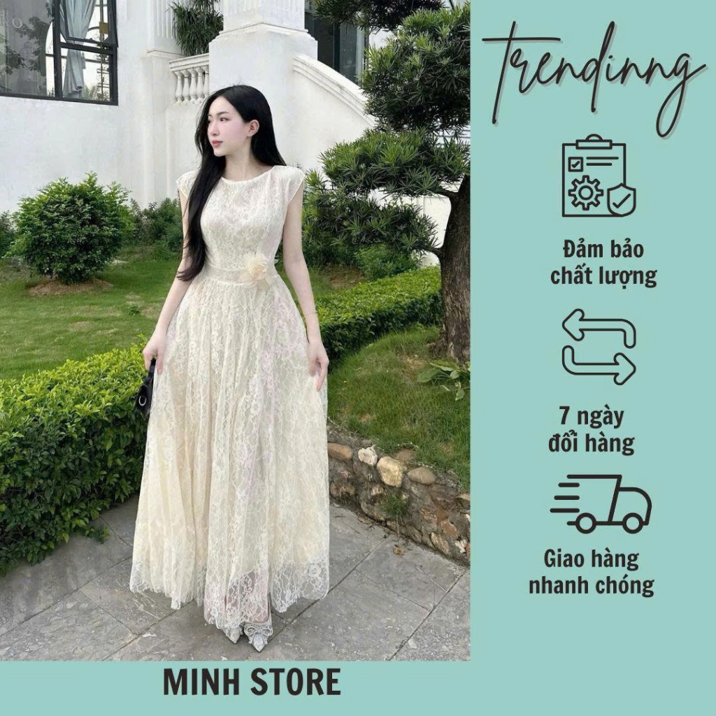 Váy ren cổ thuyền dáng dài tay hến kèm hoa đính eo sang chảnh Minh Store