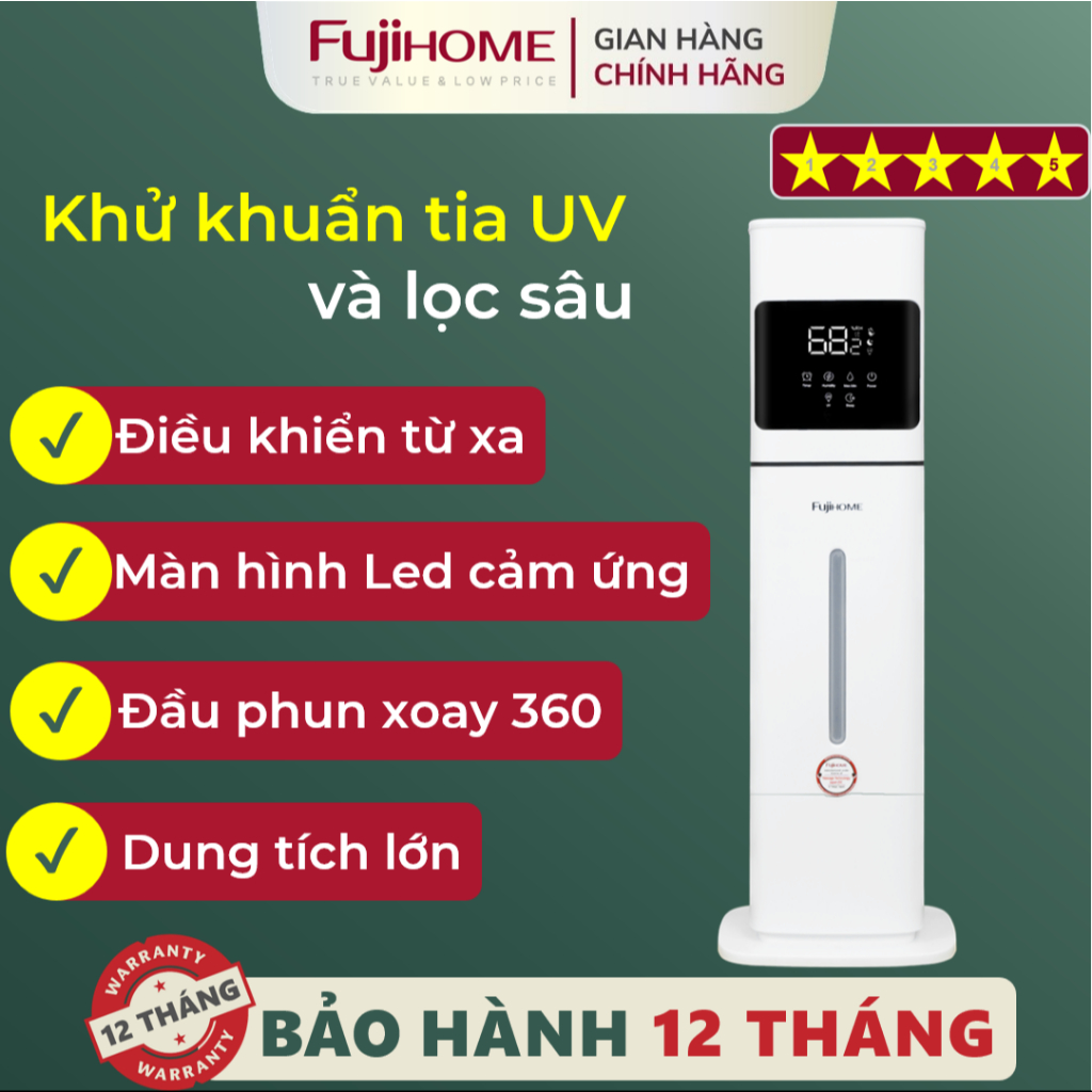 Máy tạo ẩm phun sương 9L Nhập Khẩu FUJIHOME HM09UV2, máy xông tinh dầu khử khuẩn UV điều khiển từ xa