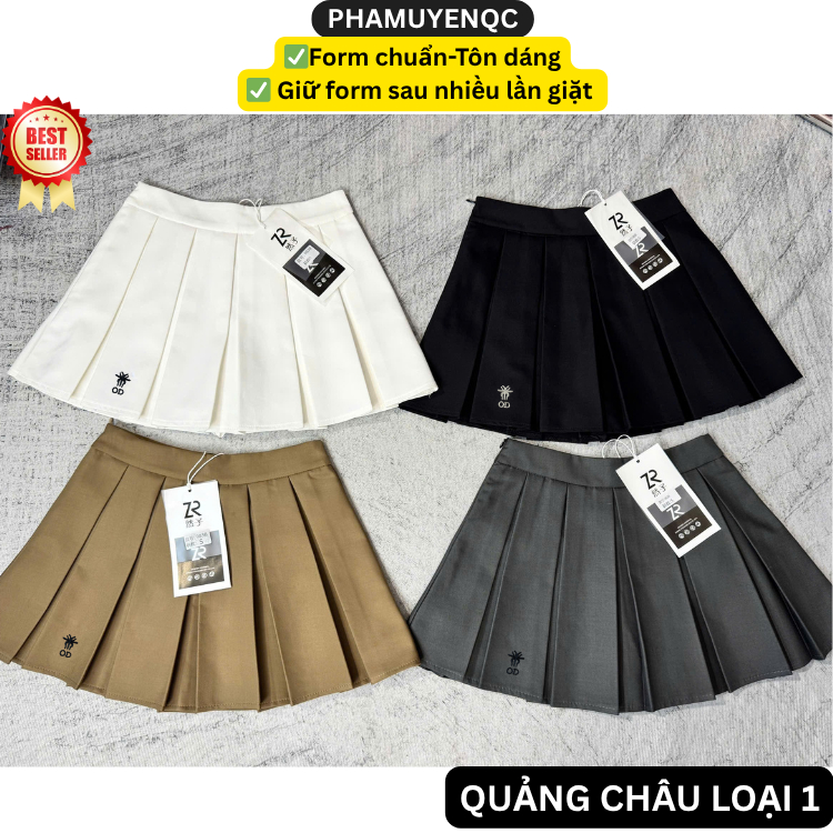(QUẢNG CHÂU L1) Chân Váy Xếp Ly Thêu Ong, Chất Kaki  chéo hàn Có Quần Bảo Hộ 2 Lớp, 4 Màu - Nữ