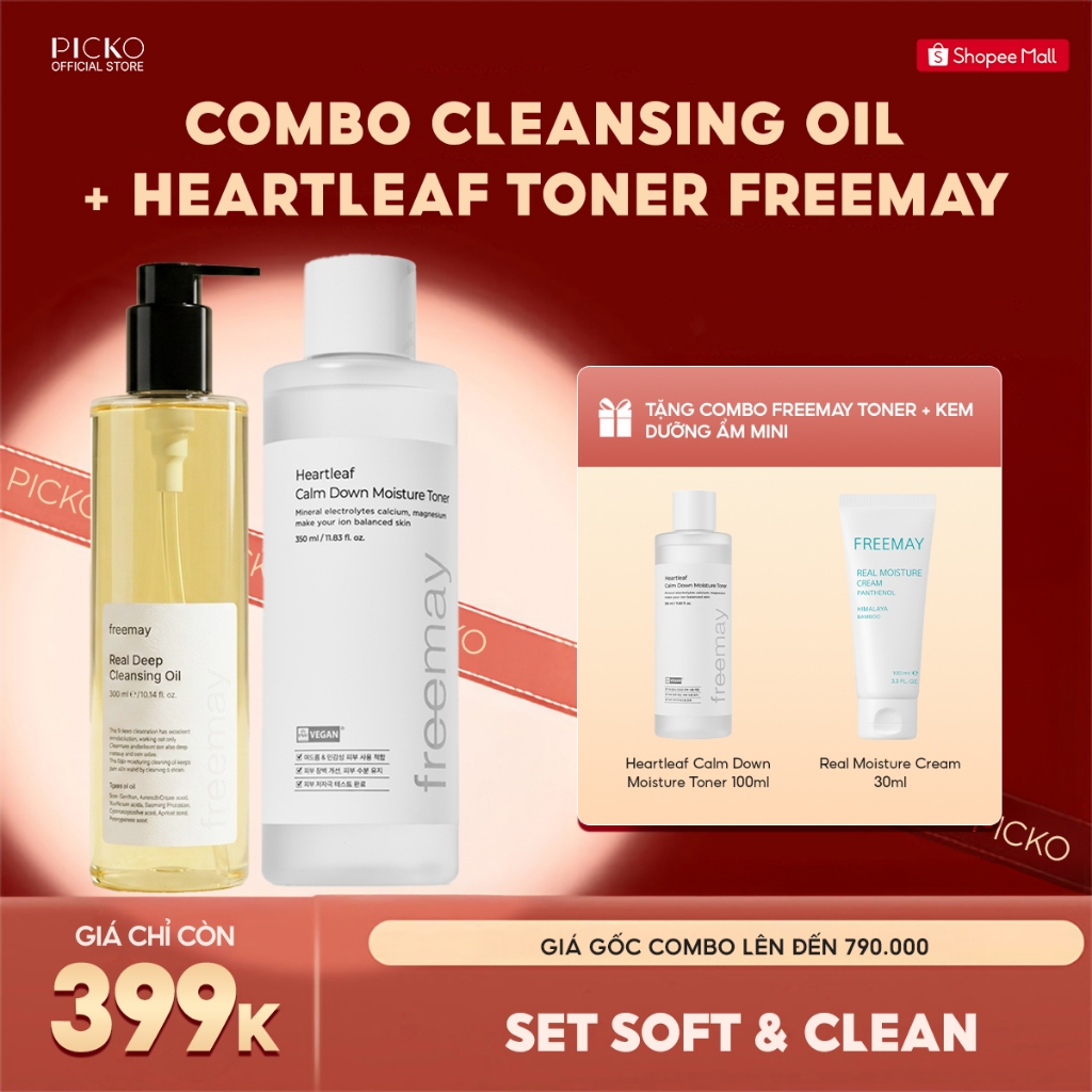 Combo Sạch Da Freemay Dầu Tẩy Trang 330ml và Nước Hoa Hồng Thuần Chay 350ml