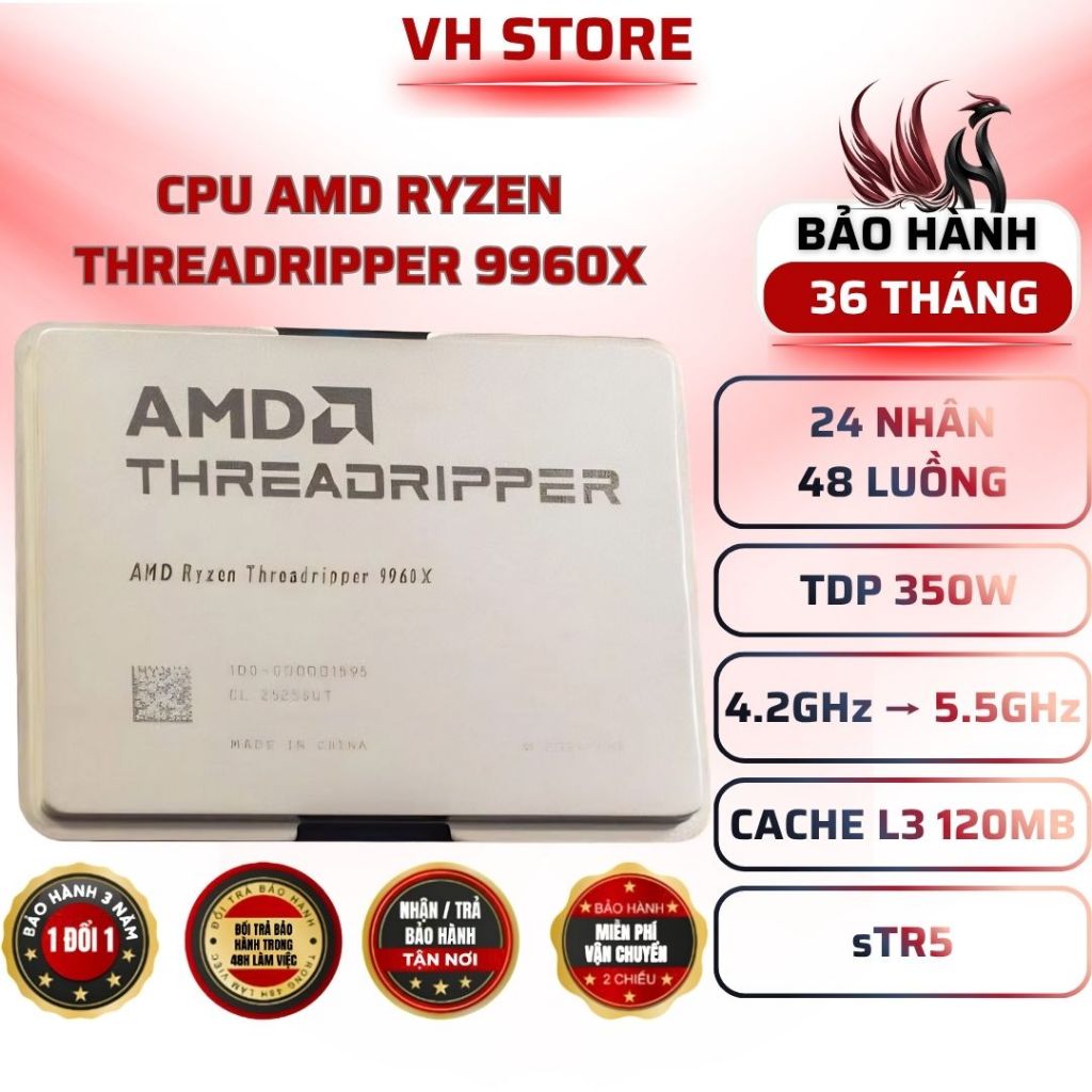 Ryzen Threadripper 9960X (Xung nhịp cao / Cache lớn / Multi-cores / 140W+ / sTR5) - BẢO HÀNH 36 THÁN