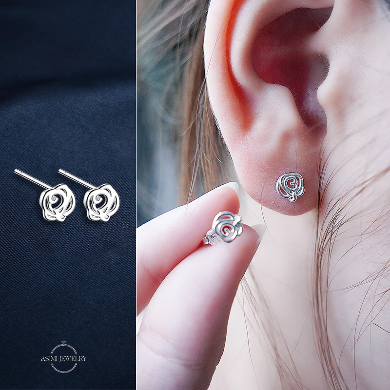 Bông tai bạc Ý S925 khắc hoa hồng Asimi Little Rosette KT25 4