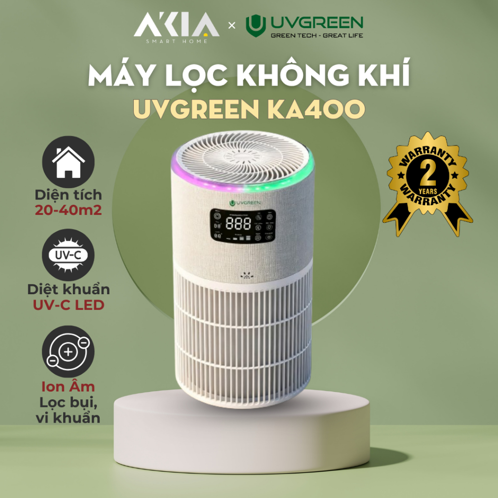 Máy lọc không khí dành cho thú cưng UVGREEN KA400 40m2 - Tích hợp đèn LED UVC & Ion âm diệt khuẩn