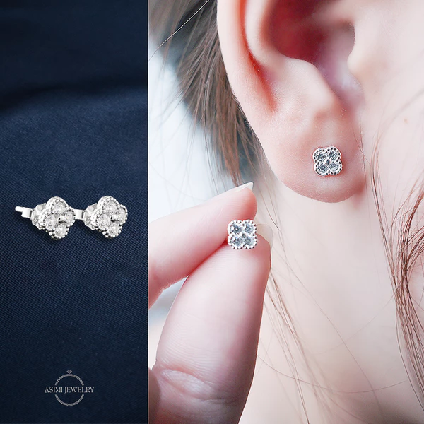 Bông tai bạc Ý mặt đá cỏ 4 lá Asimi Wishes Cluster KT28 - đeo trên mẫu