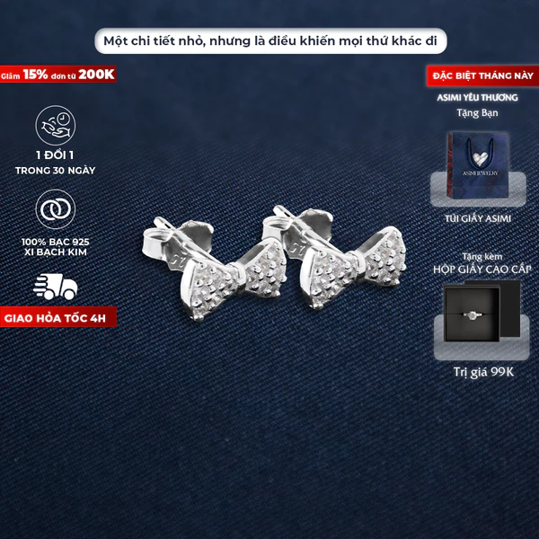 Bông tai bạc Ý chiếc nơ nhỏ xinh, Bông tai bạc nữ nơ xinh xắn Petite Bowlet KT29