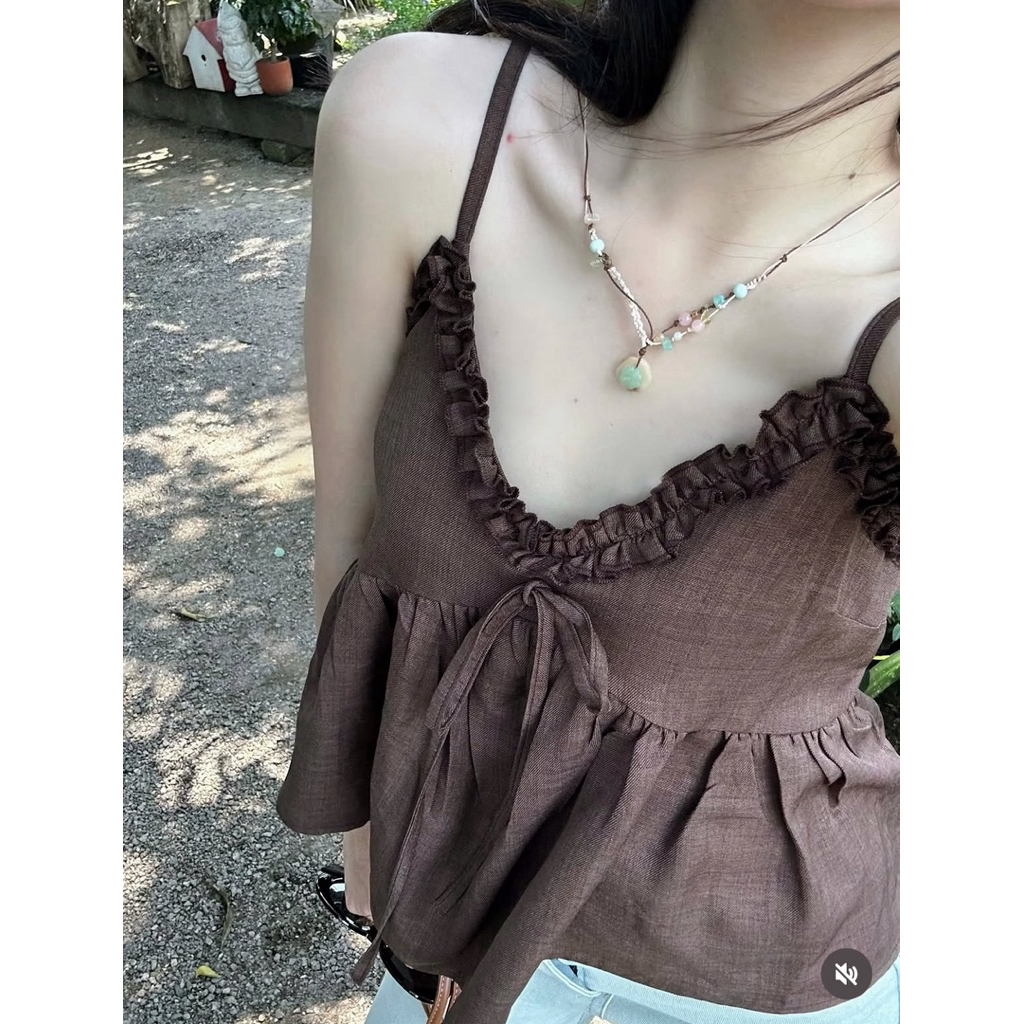 [HÀNG SẴN] Áo hai dây nâu phối bèo đang babydoll style đáng yêu mùa hè  “FOMI TOP” | BigBuy360 - bigbuy360.vn