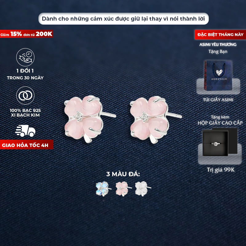 Bông tai bạc Ý S925 Cỏ 4 Lá Hồng Asimi Love Letter Bloom KT30 1