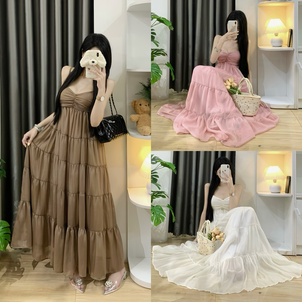 | Hình thật by Hta.boutique | Váy - Đầm 2 dây babydoll nhún ngực form dài maxi rộng rãi