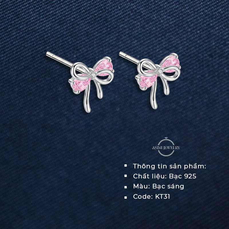 Bông tai bạc Ý S925 nơ hồng Daisy Asimi Daisy Róse KT31 2