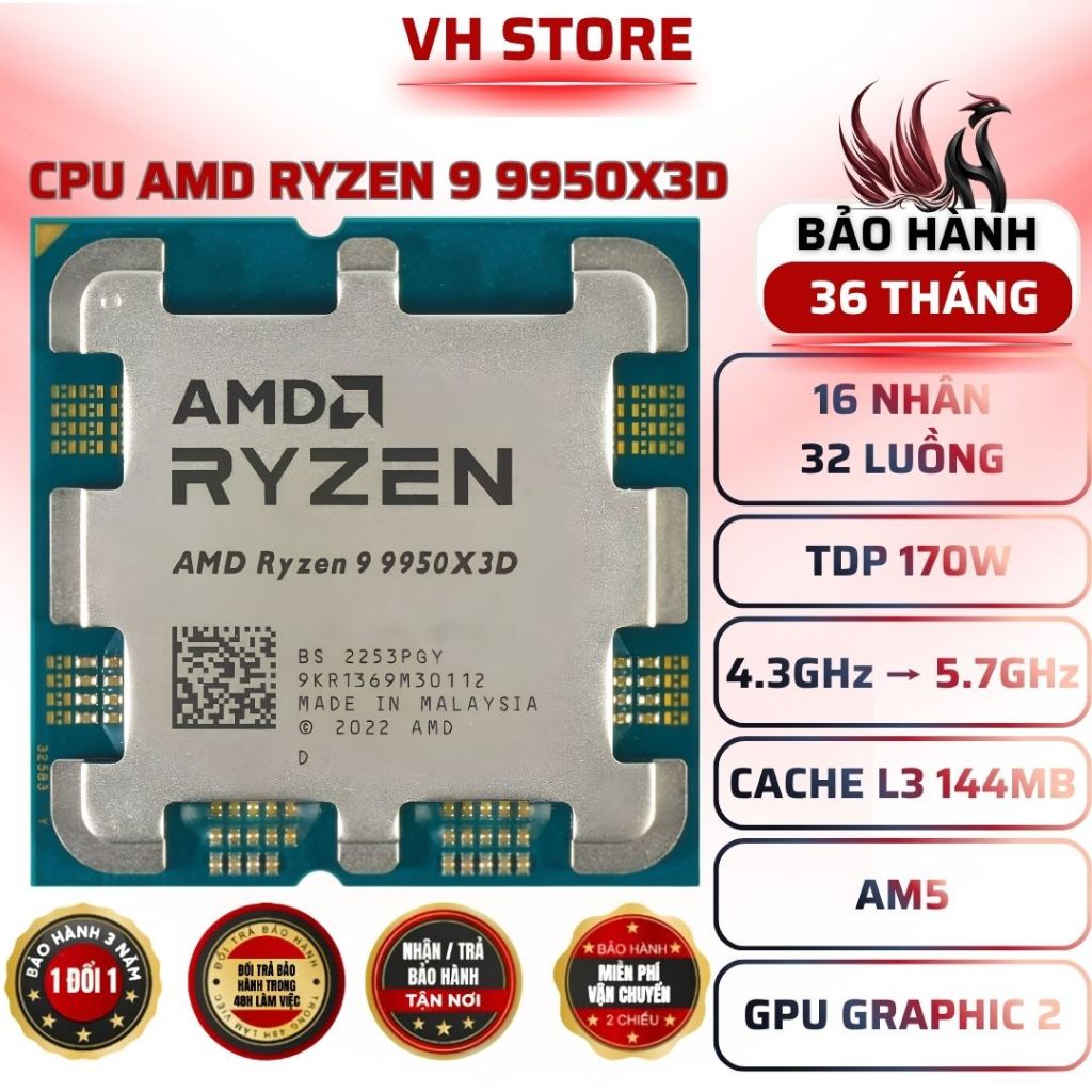 CPU Ryzen 9 9950X3D 16C/32T 5.7GHz AM5 TRAY - BẢO HÀNH 36 THÁNG - VHSTORE