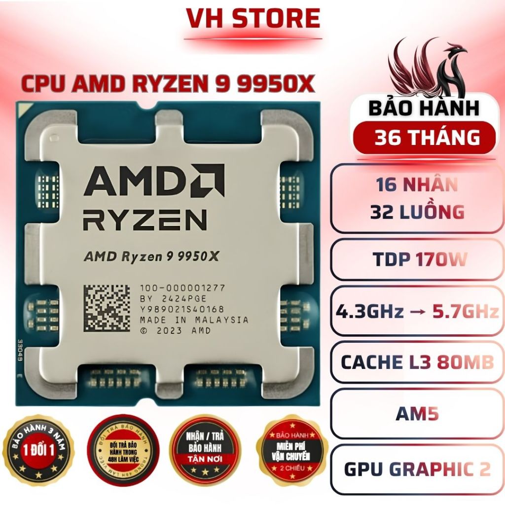 CPU Ryzen 9 9950X 16C/32T 5.7GHz AM5 TRAY - BẢO HÀNH 36 THÁNG - VHSTORE