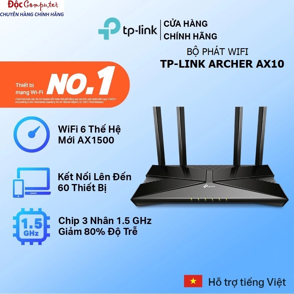 Bộ Phát Wifi 6 Router TPLink Archer AX10 Gigabit Băng Tần Kép Chuẩn AX1500 Mbps (1,5Gb) - Bảo Hành 2