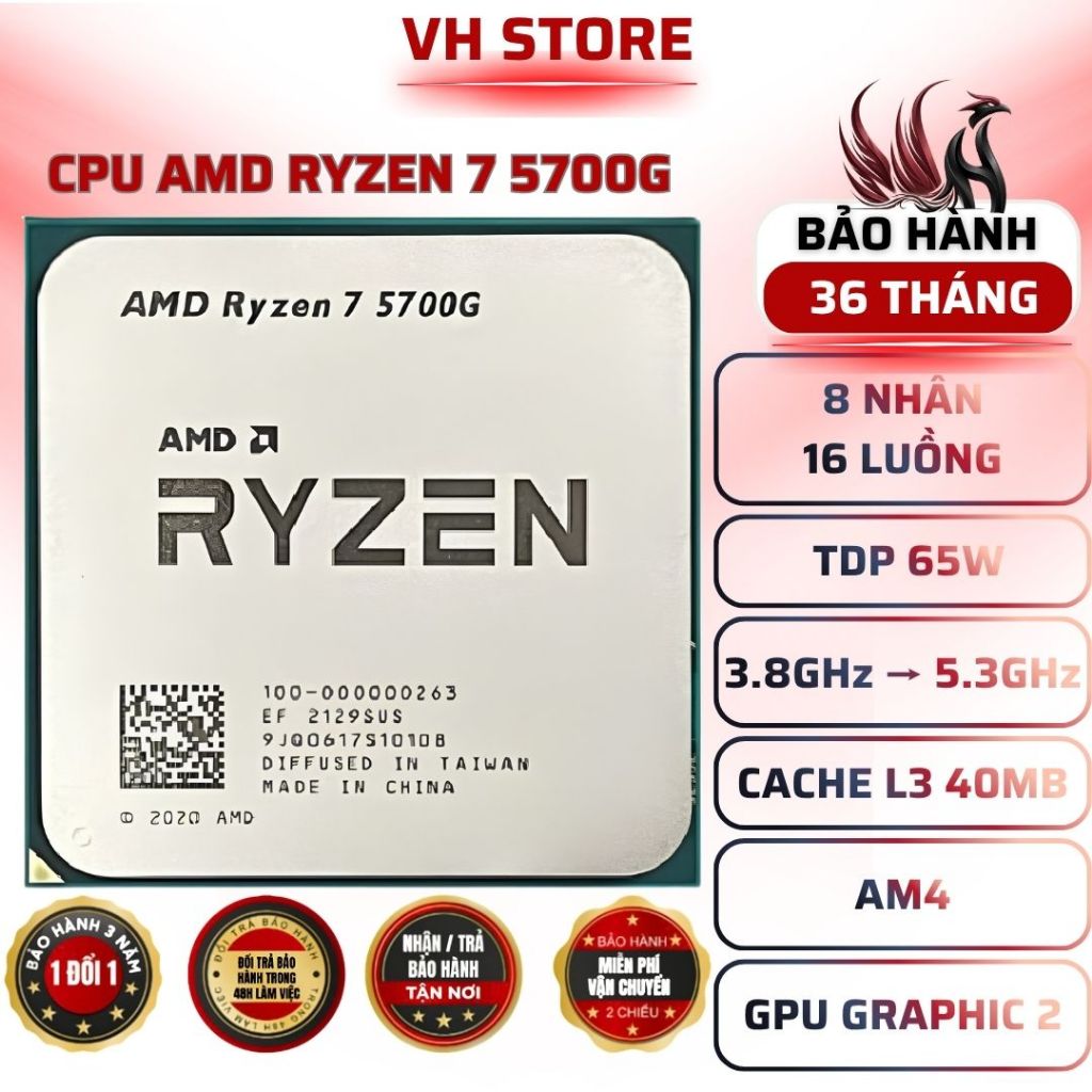 CPU Ryzen 7 5700G 8C/16T 4.6GHz AM4 Có iGPU - BẢO HÀNH 36 THÁNG - VHSTORE
