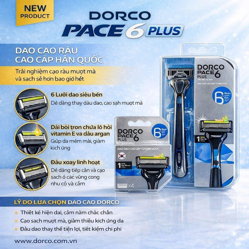Dao Cạo Râu Dorco Pace 6 Plus 1 Cán + 1 Lưỡi Chính Hãng Hàn Quốc 6 Lưỡi Siêu Bén, Êm Mượt Không Kích