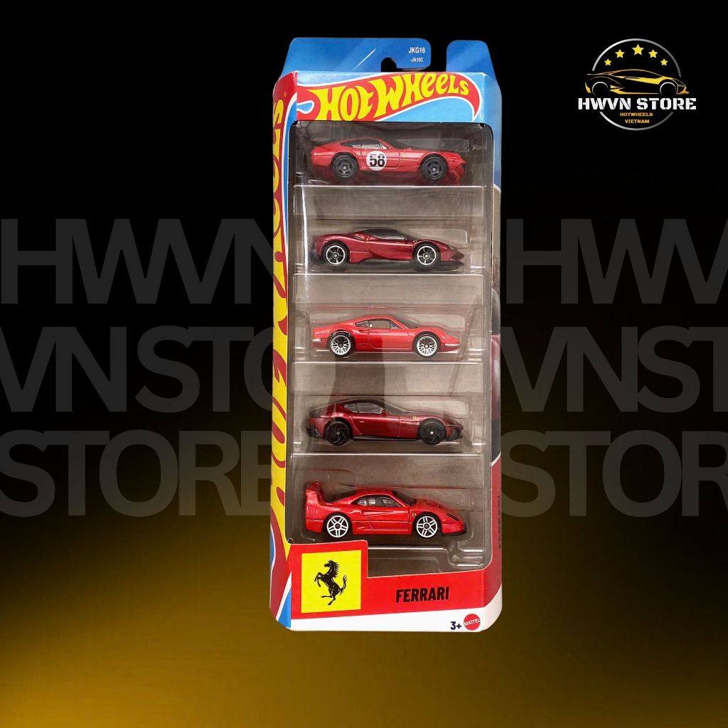 Xe mô hình Hotwheels Pack 5 Ferrari đỏ (Dino, SF90, 365 GTB4,  12 Cilindri, F40 Competizone)