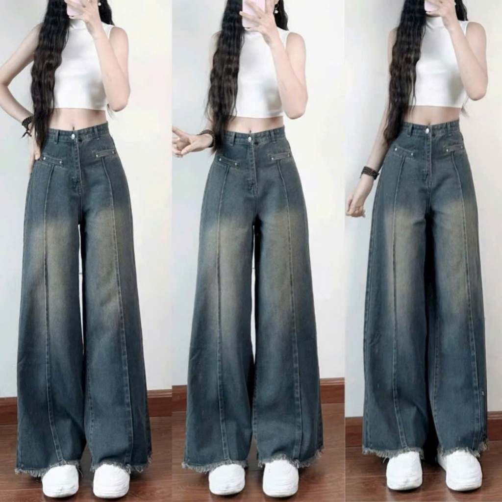 Quần bò ống rộng nữ cạp cao quần jeans ống rộng lưng cao, vải bò 2024