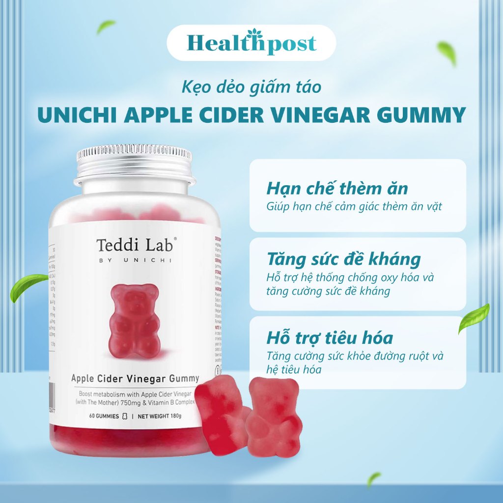 Kẹo dẻo giấm táo Unichi Apple Cider Vinegar Gummy hỗ trợ giảm cân, đẹp da, tốt cho tiêu hóa | Dr.Vit