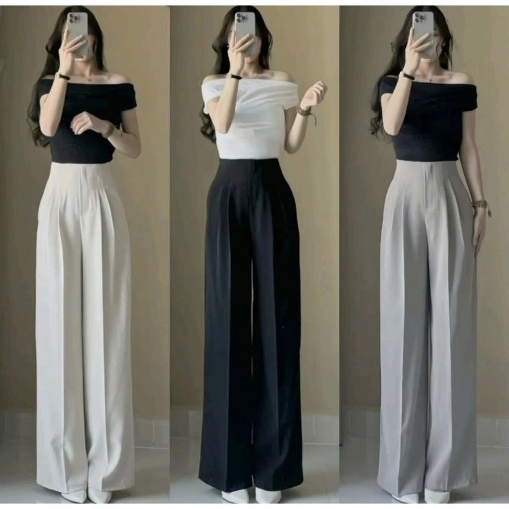 Quần Tây Ống Rộng Dáng Suông Lưng Cao Chất Gold Nhật Cạp Cao Lưng Liền Khoá Sườn Tôn Eo Tôn Dáng - T