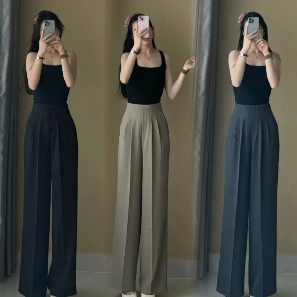 Quần Tây Ống Rộng Dáng Suông Chất Gold Nhật Cạp Cao Lưng Liền Tôn Eo Tôn Dáng Khoá Sườn - T2K Max