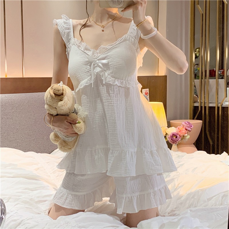 LS007 Bộ Đồ Ngủ Hai Dây Có Sẵn Đệm Ngực Nữ Lụa Sữa Gợi Cảm Màu Vân Mây Xinh Xắn
