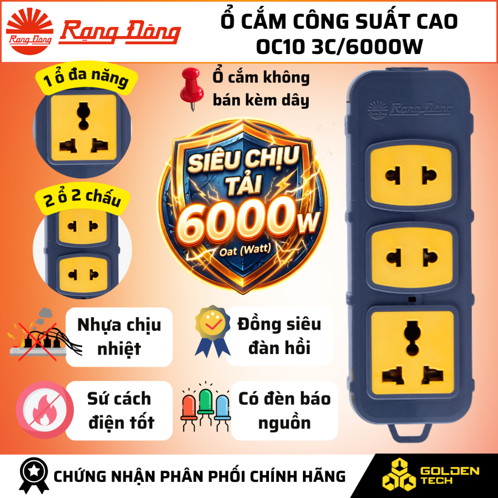 (Rạng Đông) Ổ cắm công suất cao siêu chịu tải 6000W 1 ổ đa năng + 2 ổ 2 chấu OC10 3C/6000W