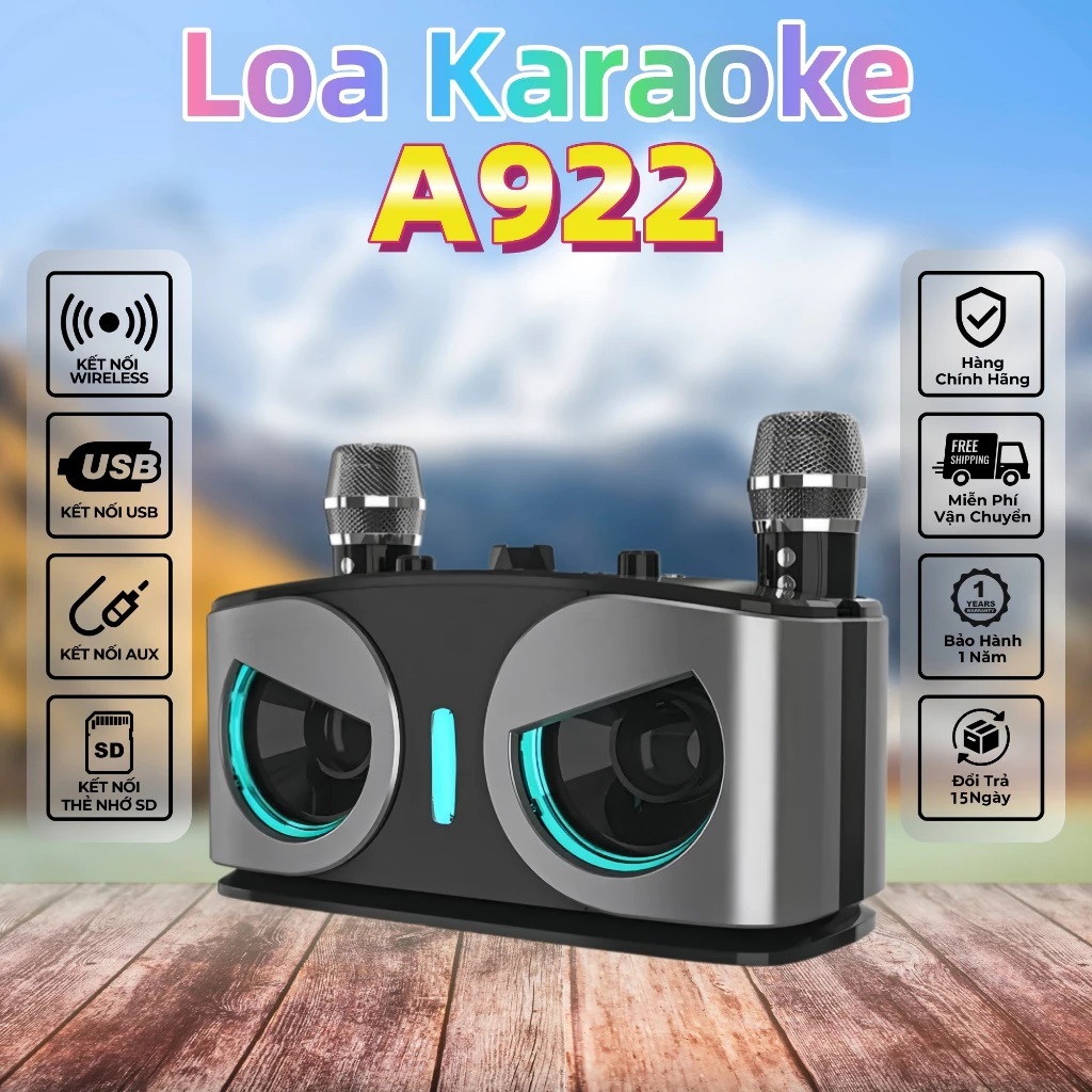 Loa Bluetooth Karaoke A922 PLUS Bass Mạnh Công Suất Lớn, Hệ Thống 2 Loa 2 Đường Tiếng, Tặng 2 Micro 