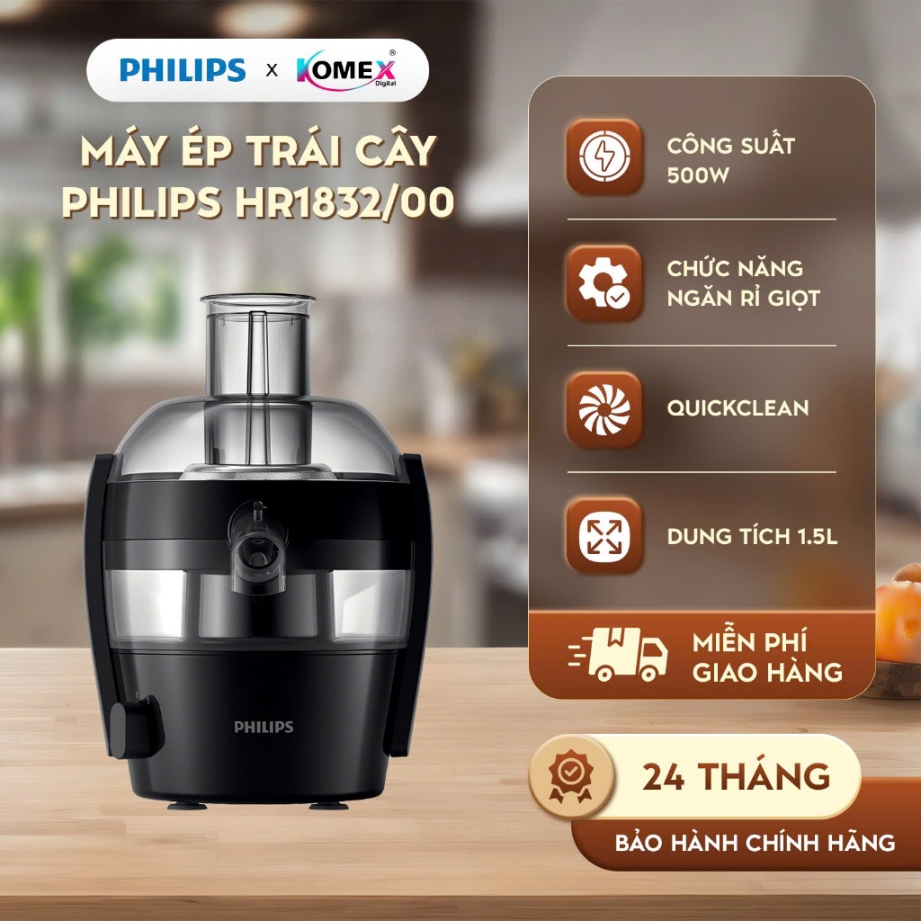 Máy ép trái cây Philips HR1832/00 - 500W, QuickClean làm sạch nhanh, Bảo hành 2 năm