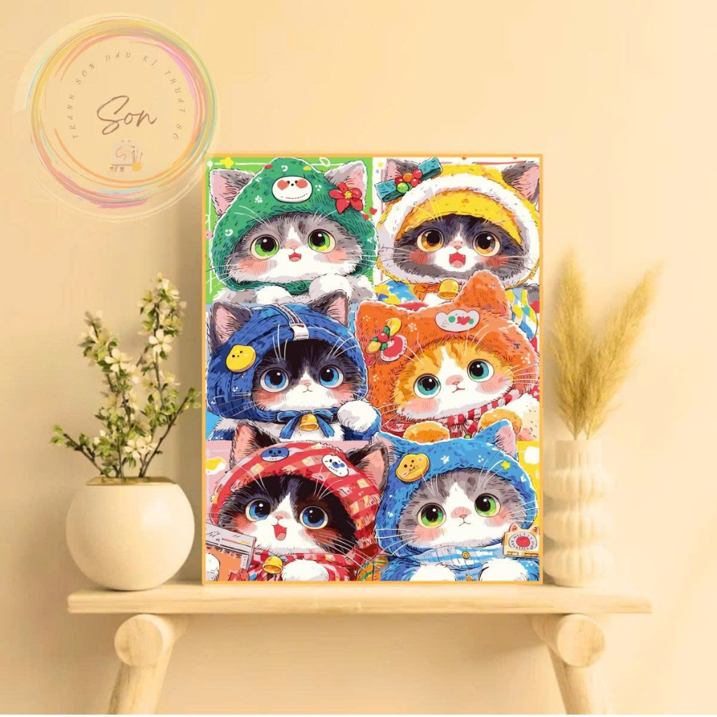 Tranh tô mầu theo số gấu trúc cute, tranh số hóa thú cưng dễ thương, gia đình chuột hamster, bươm bư