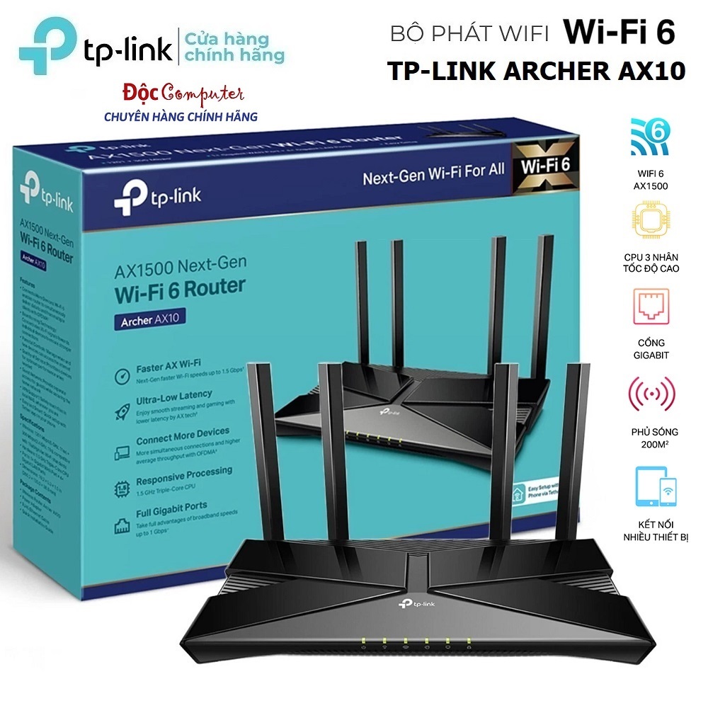 Bộ Phát Wifi 6 Router TPLink Archer AX10 Gigabit Băng Tần Kép Chuẩn AX1500 Mbps (1,5Gb) New Full Box