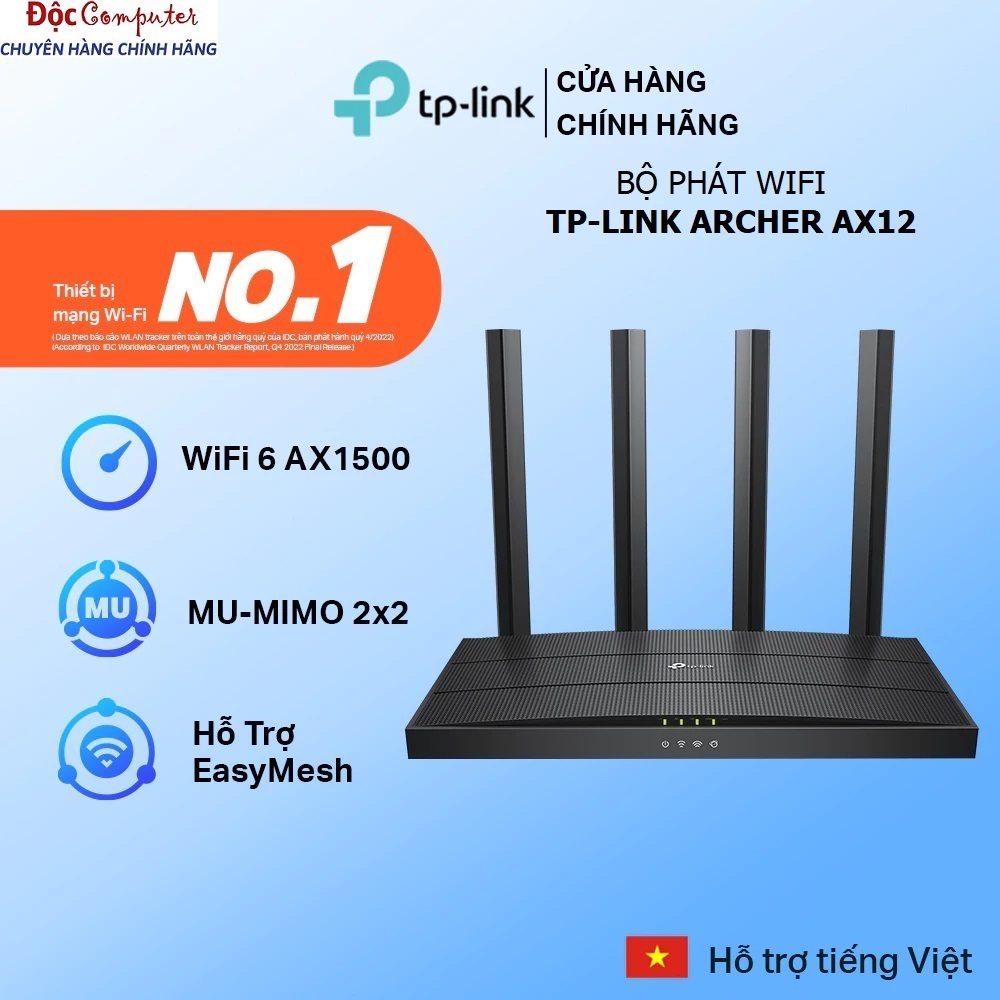Bộ Phát WiFi 6 TPLink Archer AX12 Gigabit Băng Tần Kép AX1500 Mbps (1,5Gb) - Chính Hãng Bảo Hành 24 