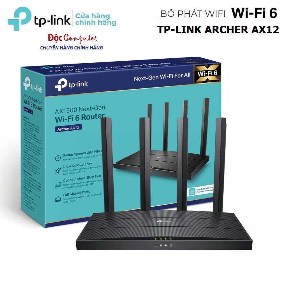 Bộ Phát WiFi 6 TPLink Archer AX12 Gigabit Băng Tần Kép AX1500 Mbps (1,5Gb) New Full Box - Chính Hãng