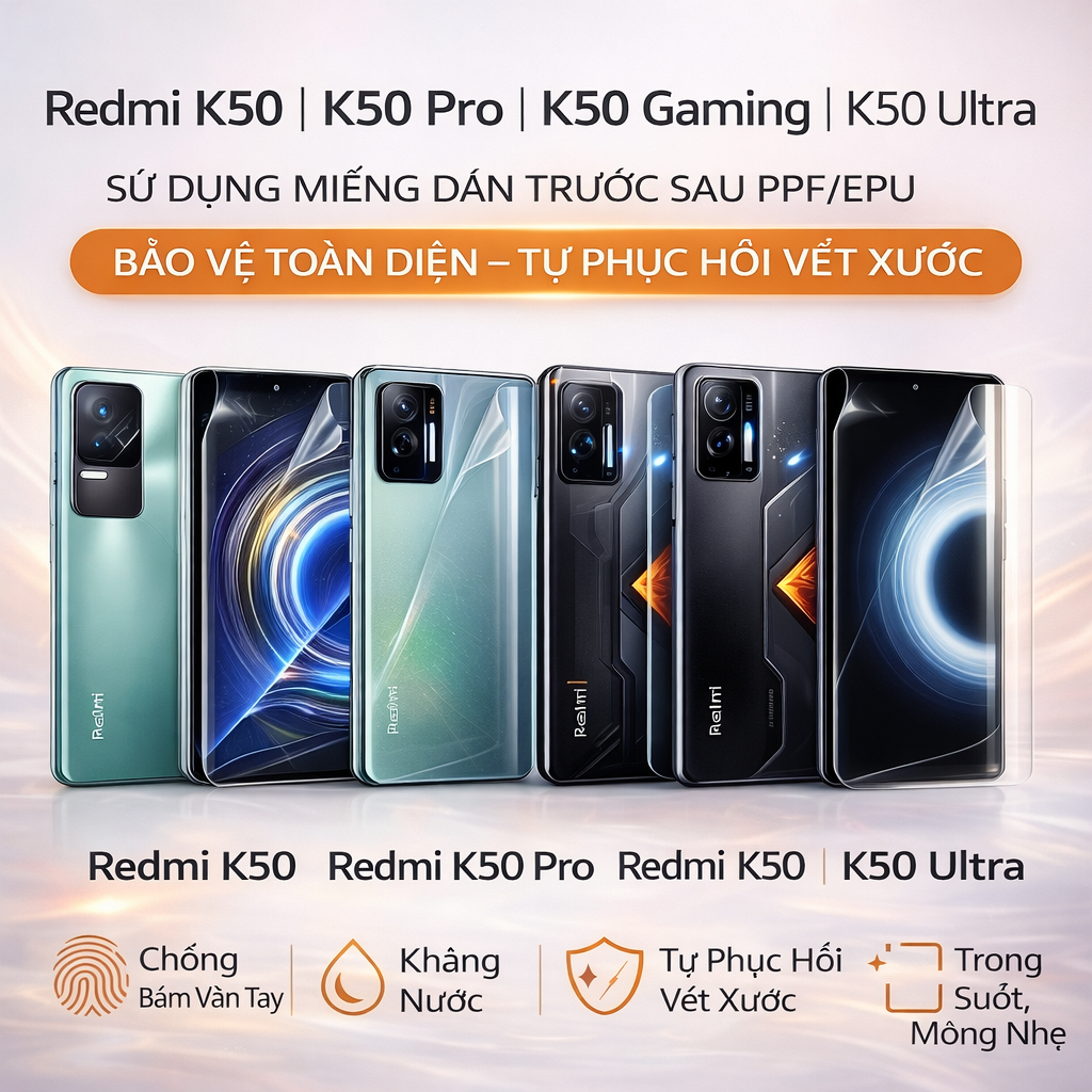 Miếng Dán Redmi K50 / K50 Pro / K50 Gaming / K50 Ultra - Dán PPF EPU Full Màn Hình & Lưng Viền